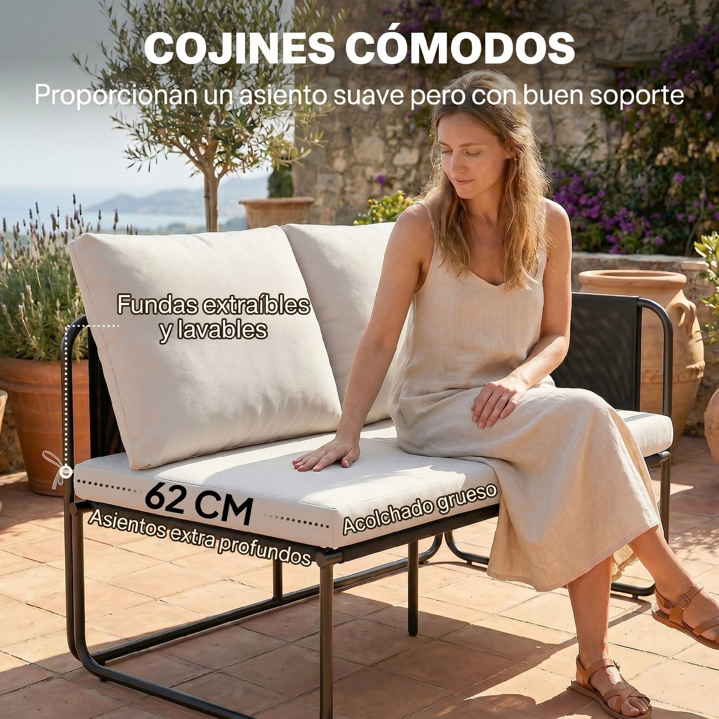Outsunny Conjunto Jardín Exterior De 4 Piezas 2 Mesas De Vidrio 2 Sofás Cojines_5