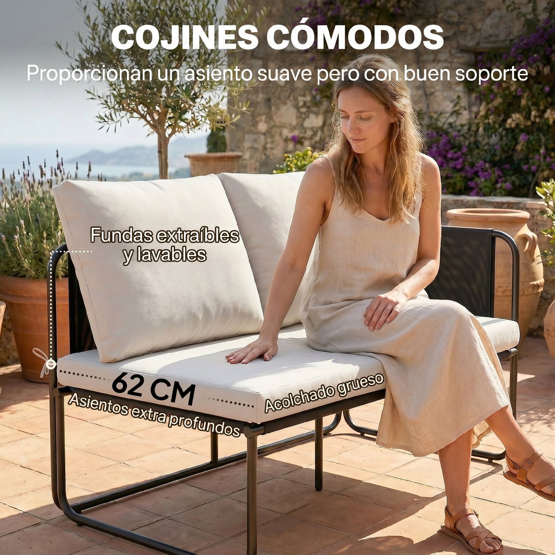 Outsunny Conjunto Jardín Exterior De 4 Piezas 2 Mesas De Vidrio 2 Sofás Cojines_5