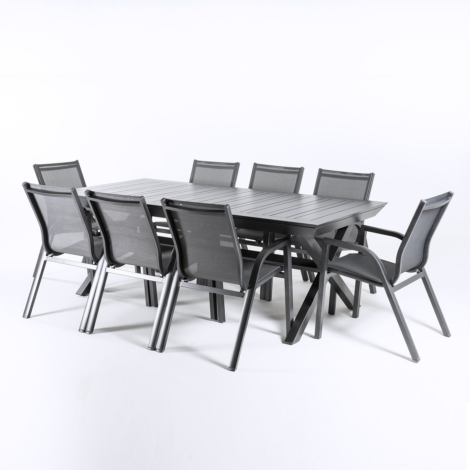 Conjunto Jardin, Mesa Extensible 215/295 Y 8 Sillones Apilables, Aluminio Antracita, Textilene Plata Y Negro, 8 Plazas_2