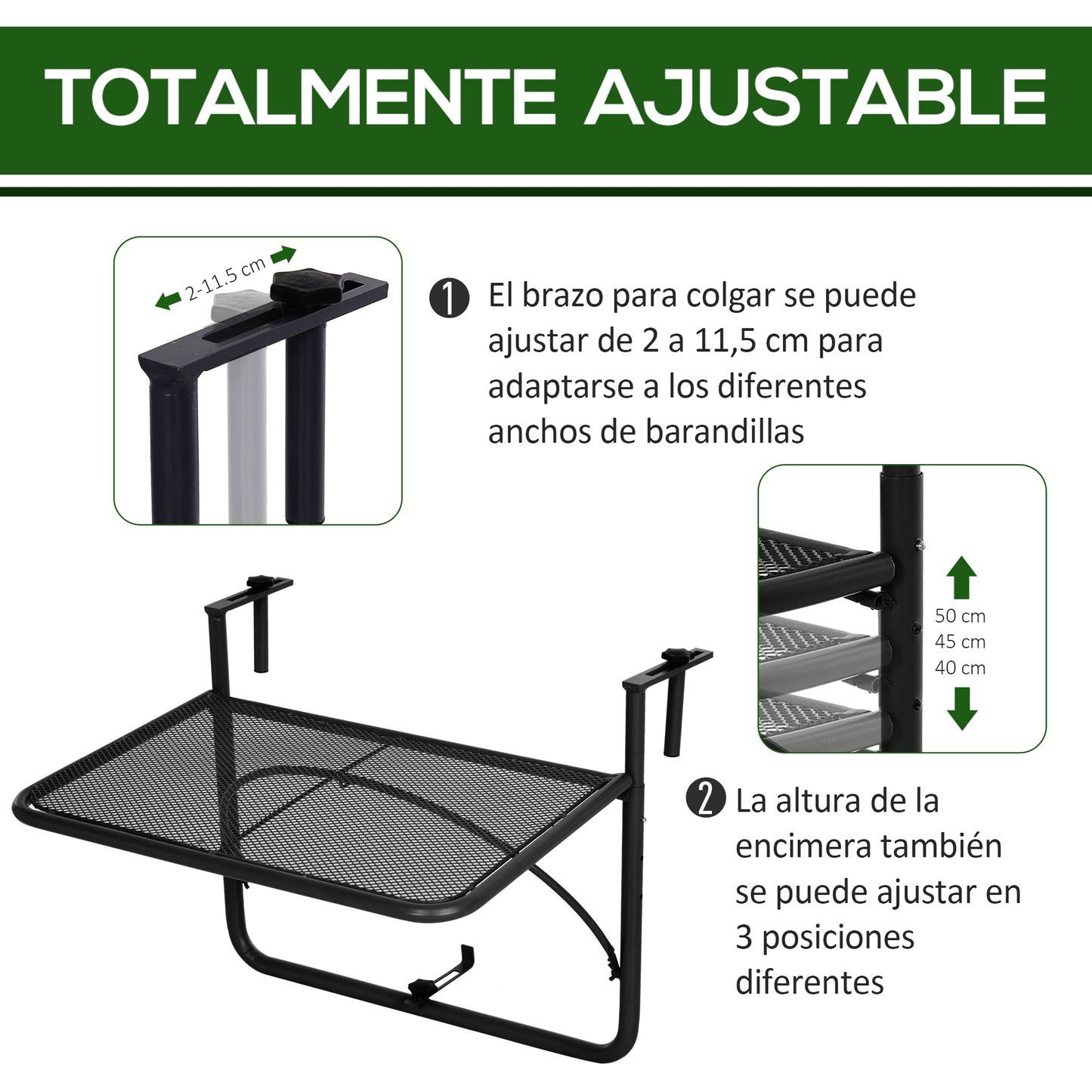 Outsunny Mesa Colgante Balcón Altura Ajustable En 3 Posiciones Carga 30kg_3