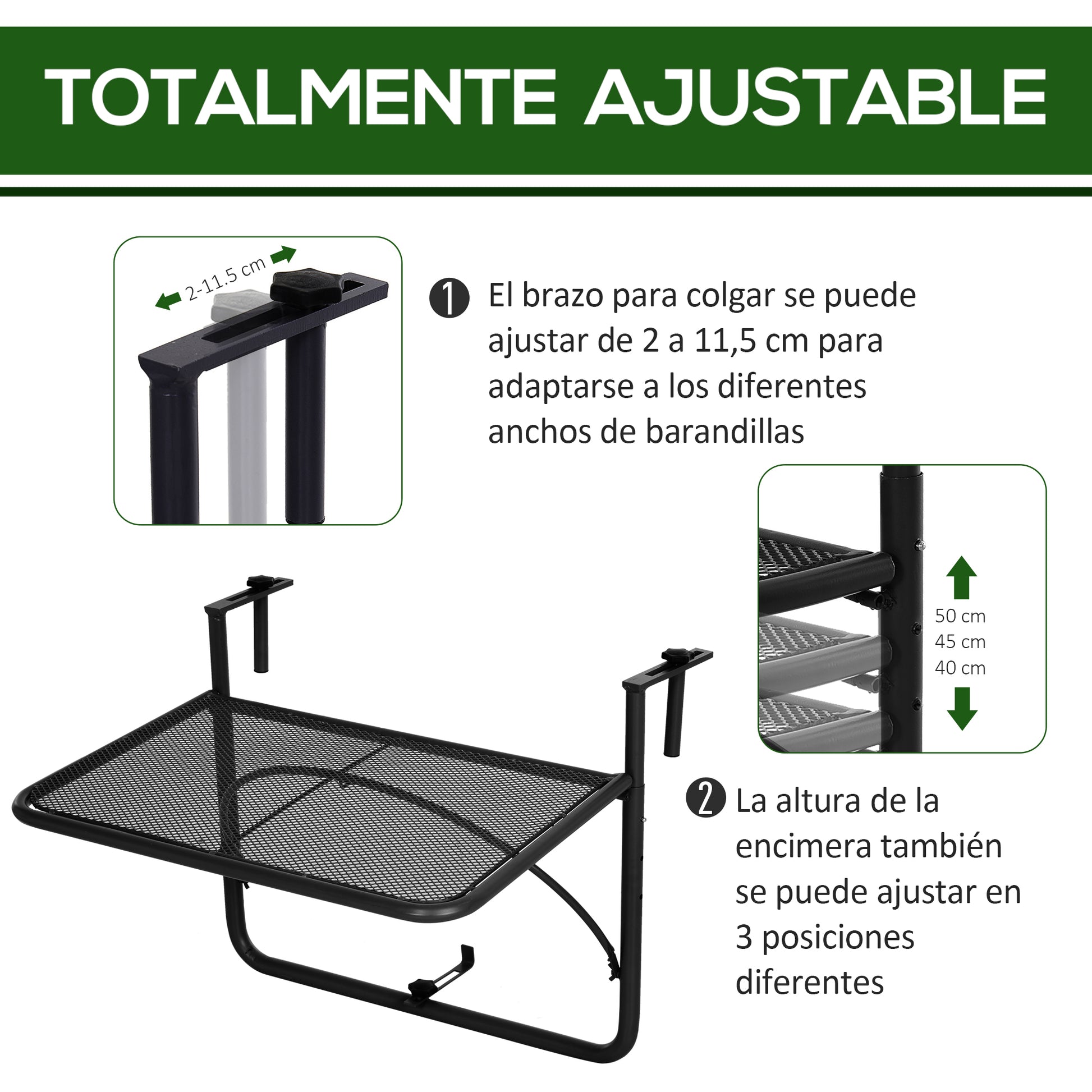 Outsunny Mesa Colgante Balcón Altura Ajustable En 3 Posiciones Carga 30kg_3
