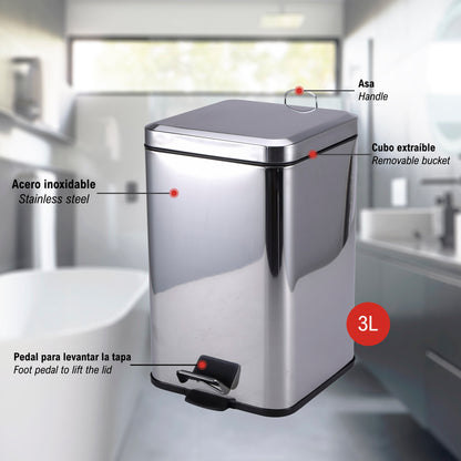 Cubo De Basura Con Pedal Protenrop En Color Metalizado Fabricado En Acero Inoxidable 16 X 16 X 25,5 Cms