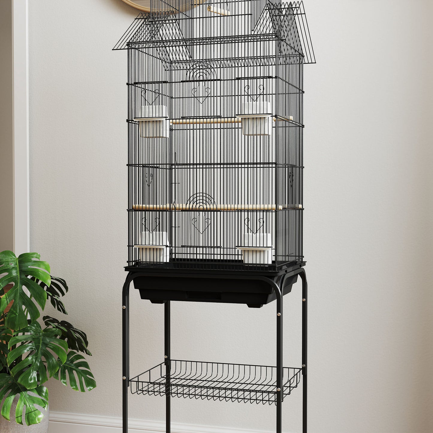 Pawhut Jaula Para Pájaros Con Ruedas Comederos Perchas 50,5x41x163 Cm Negro_3