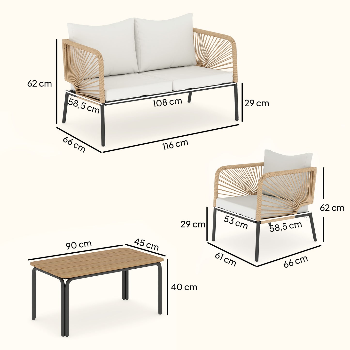 Outsunny Conjunto Jardín Exterior De 4 Piezas Sofá 2 Plazas 2 Sillones Mesa Wpc_2