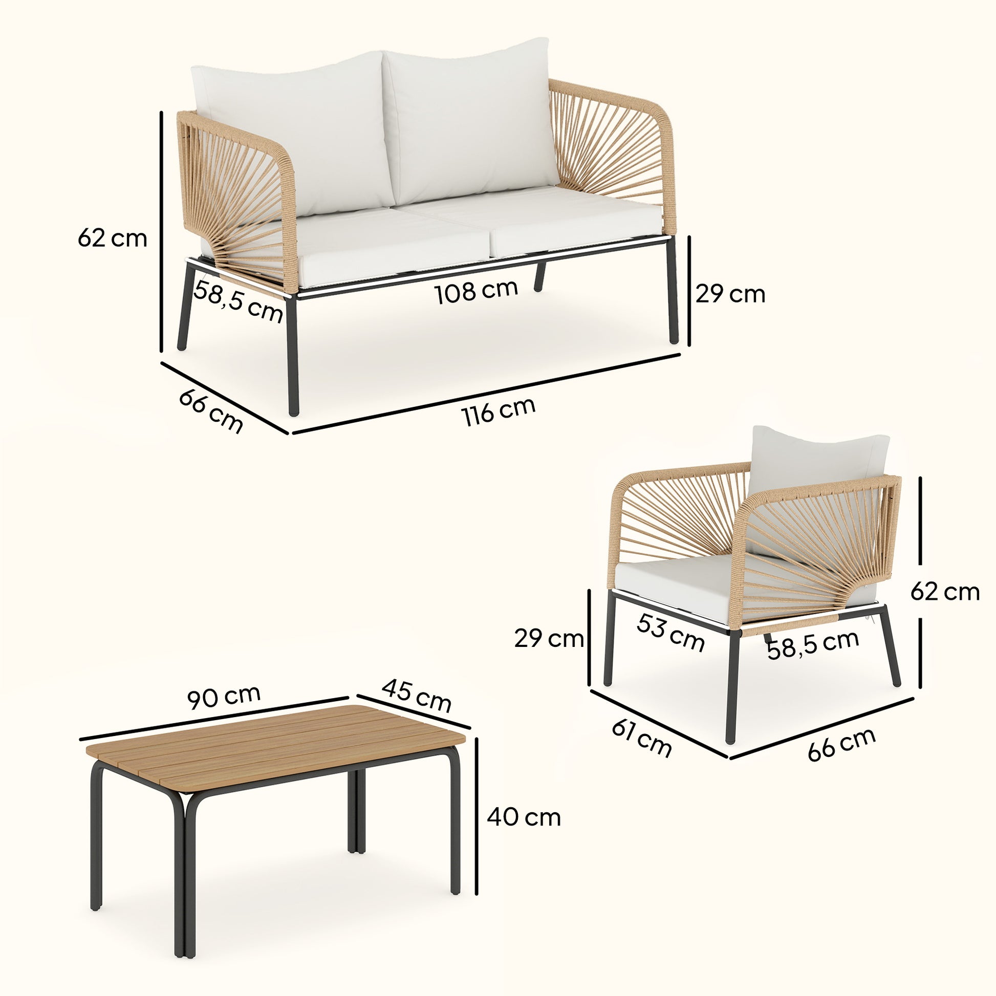 Outsunny Conjunto Jardín Exterior De 4 Piezas Sofá 2 Plazas 2 Sillones Mesa Wpc_2