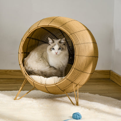 Pawhut Cama De Ratán Para Gatos Con Cojín Acolchado Y Base Trípode Elevado_1
