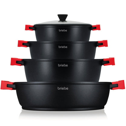 Briebe Batería Cocina Inducción Antiadherente Titanio, 8 Piezas Aluminio Fundido 4 Ollas Sin Pfoa Tapa, Blackt4b, Negro_0