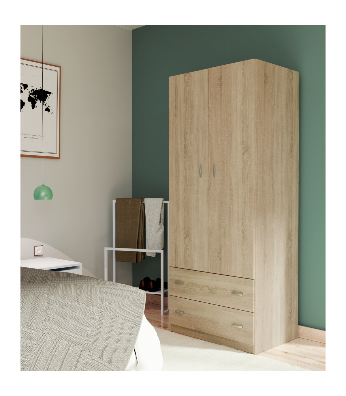 Armario Ropero 2 Puertas Abatibles Y 2 Cajones Turin Acabado Roble, 180 Cm(alto)74 Cm(anch_4