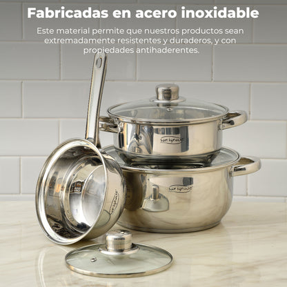 Set 13 Pcs Compuesto Por Batería De Cocina Acero Inoxidable + Set De 3 Sartenes De Alumnnio Prensado + Cazo 16cm Acero Inoxidable_3