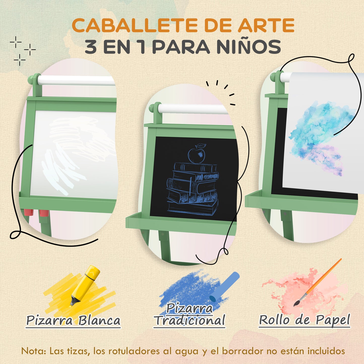 Aiyaplay Pizarra Infantil Caballete 3 En 1 Con Rollo De Papel Y Cestas Verde_3