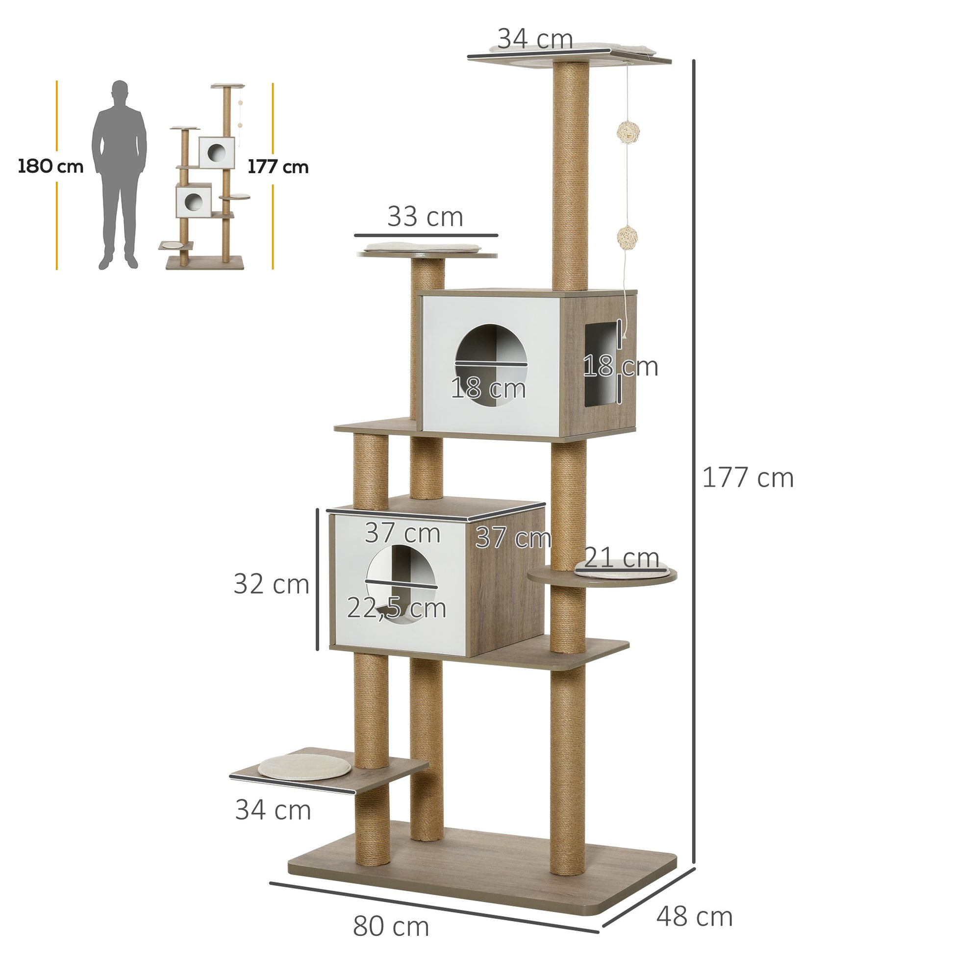 Pawhut Árbol Rascador Para Gatos Altura 177cm Cueva Juguete Colgante Blanco Y_2