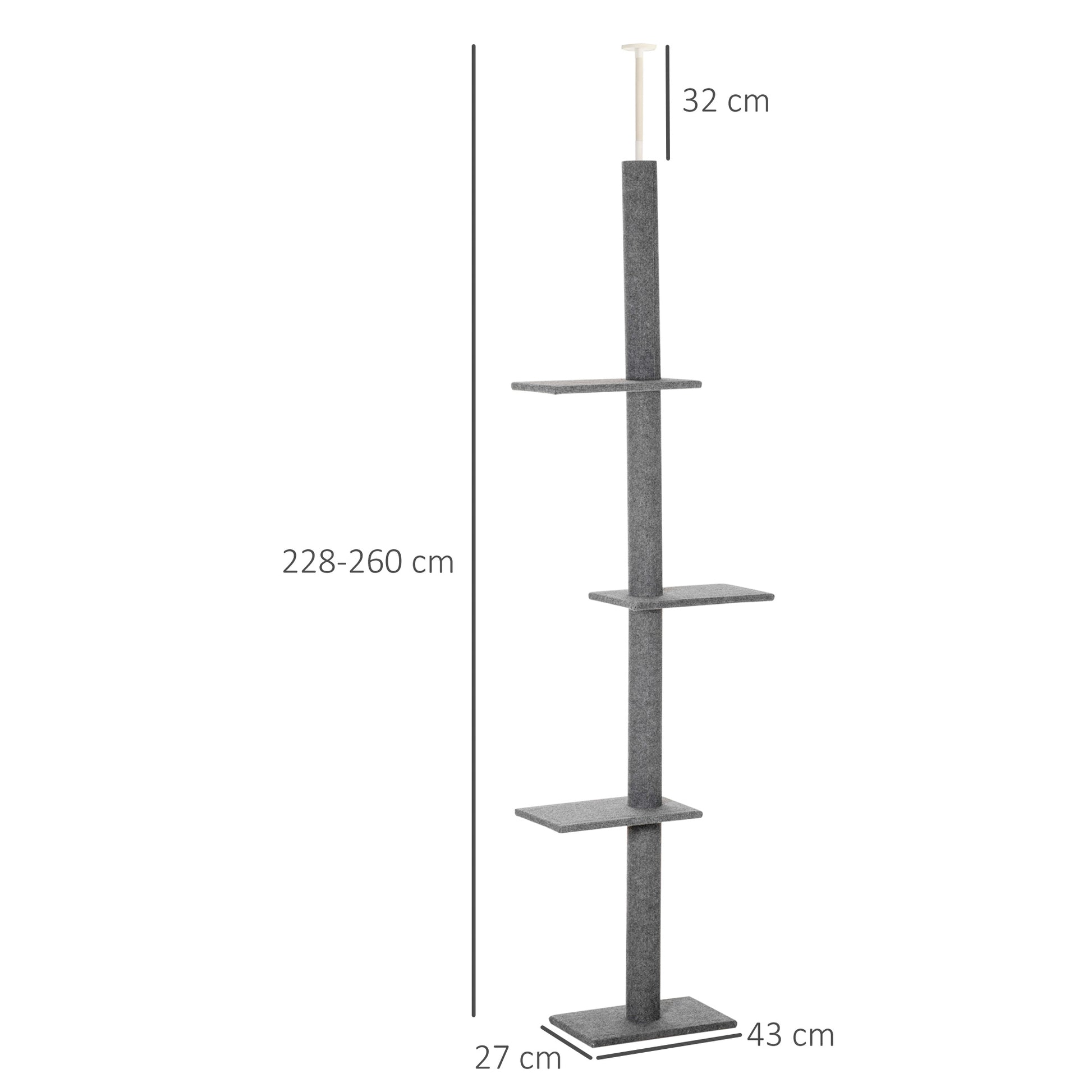 Pawhut Árbol Para Gatos Del Suelo Al Techo 43x27x228-260 Cm Con Altura Ajustable_2