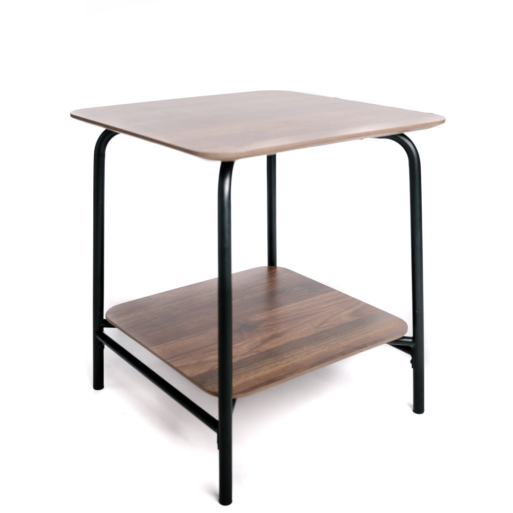 Mesa Auxiliar De Madera, Mesilla De Noche De Madera Oscura Y Metal Con 2 Bandejas De Almacenaje Vintage 45x45x51cm- Muebles De Salón- Remate De Sofá_1