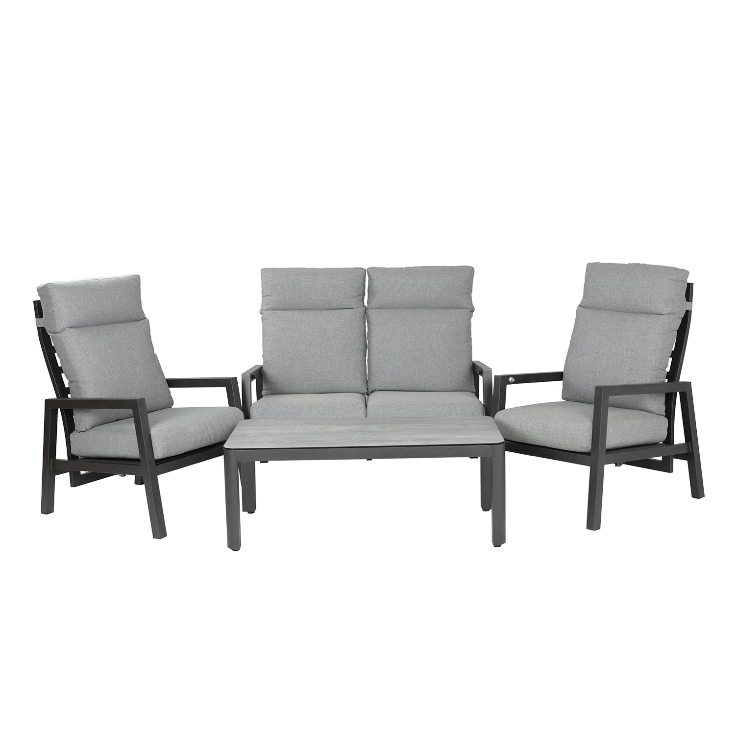 Conjunto De Sofás Para Jardín, Sofá 2 Plazas Reclinable, Aluminio, Color Antracita, Mesa:120x60x45cm Sillón:66x83x104 Cm Sofá:125x82x105 Cm Alto_0