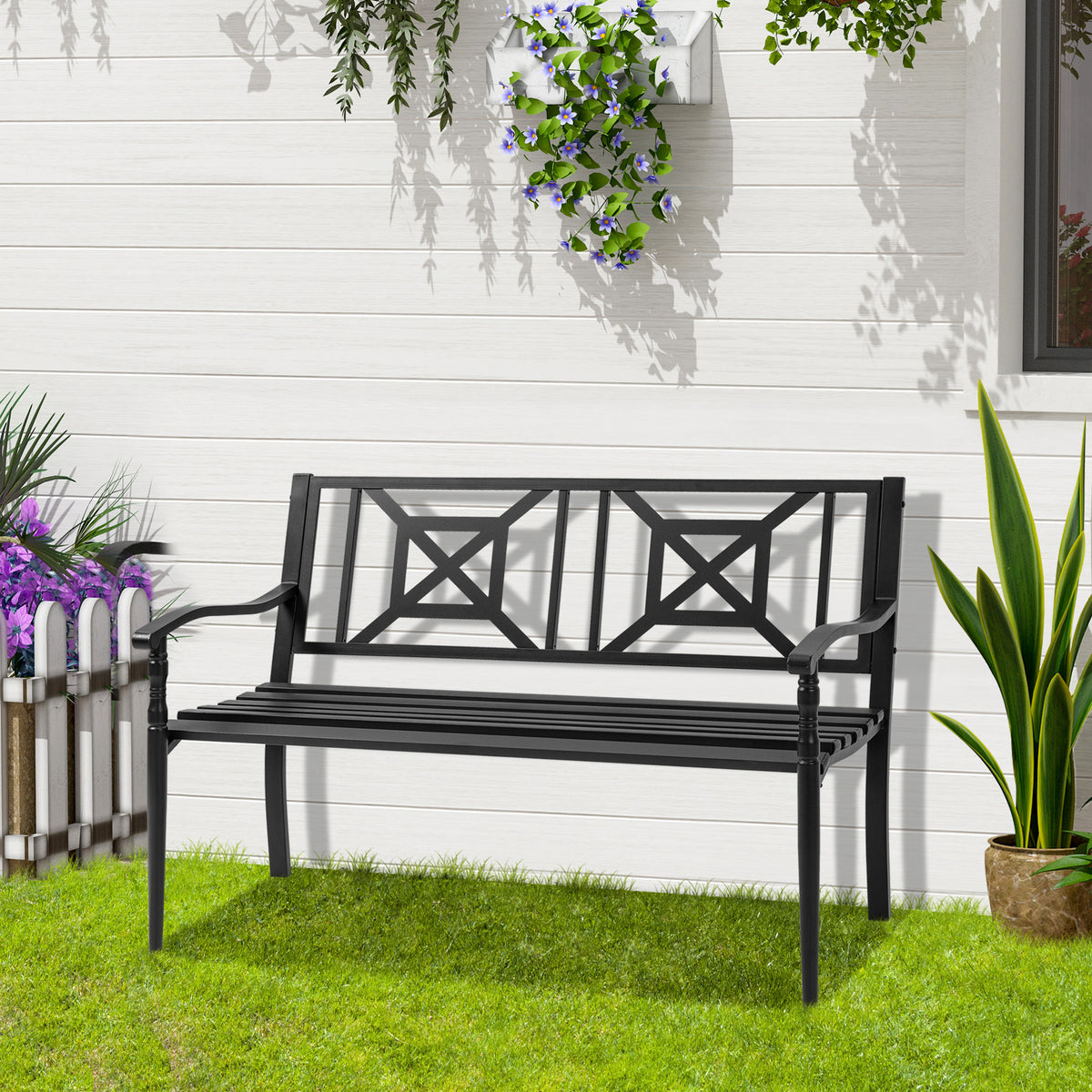 Banco Jardín 2 Plazas Con Reposabrazos Outsunny 128x62,5x81,5 Cm Negro_1