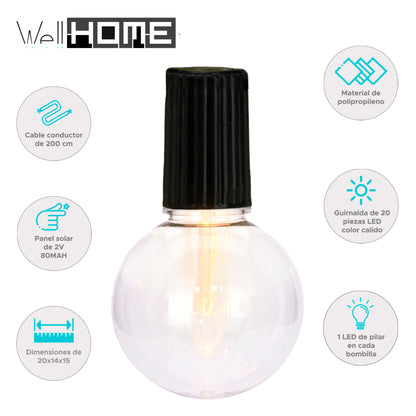 Well Home Set De 20 Luces Blancas Cálidas De Fiesta Solar Con Panel Led Transparentes_1
