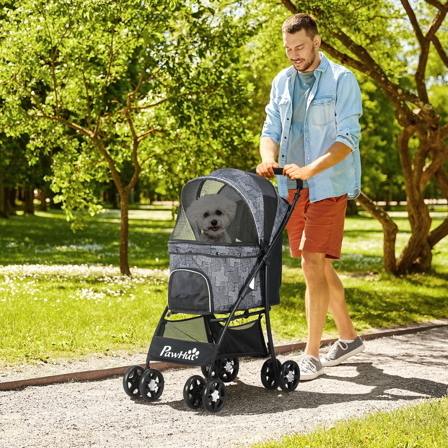 Pawhut Carrito Para Perros Plegable Con Cesta Capota Ajustable Y Ruedas Gris_1