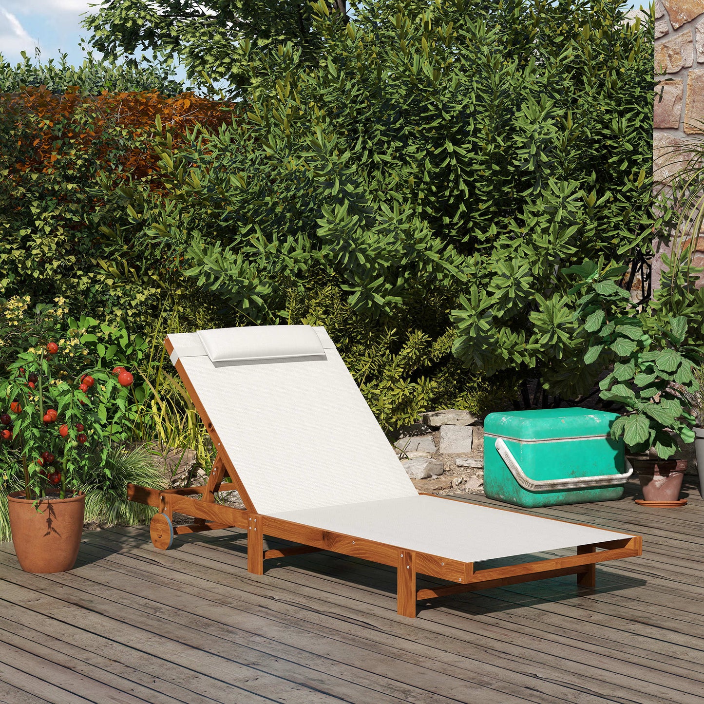 Outsunny Tumbona Reclinable De Madera Con Ruedas Respaldo Ajustable Blanca_1