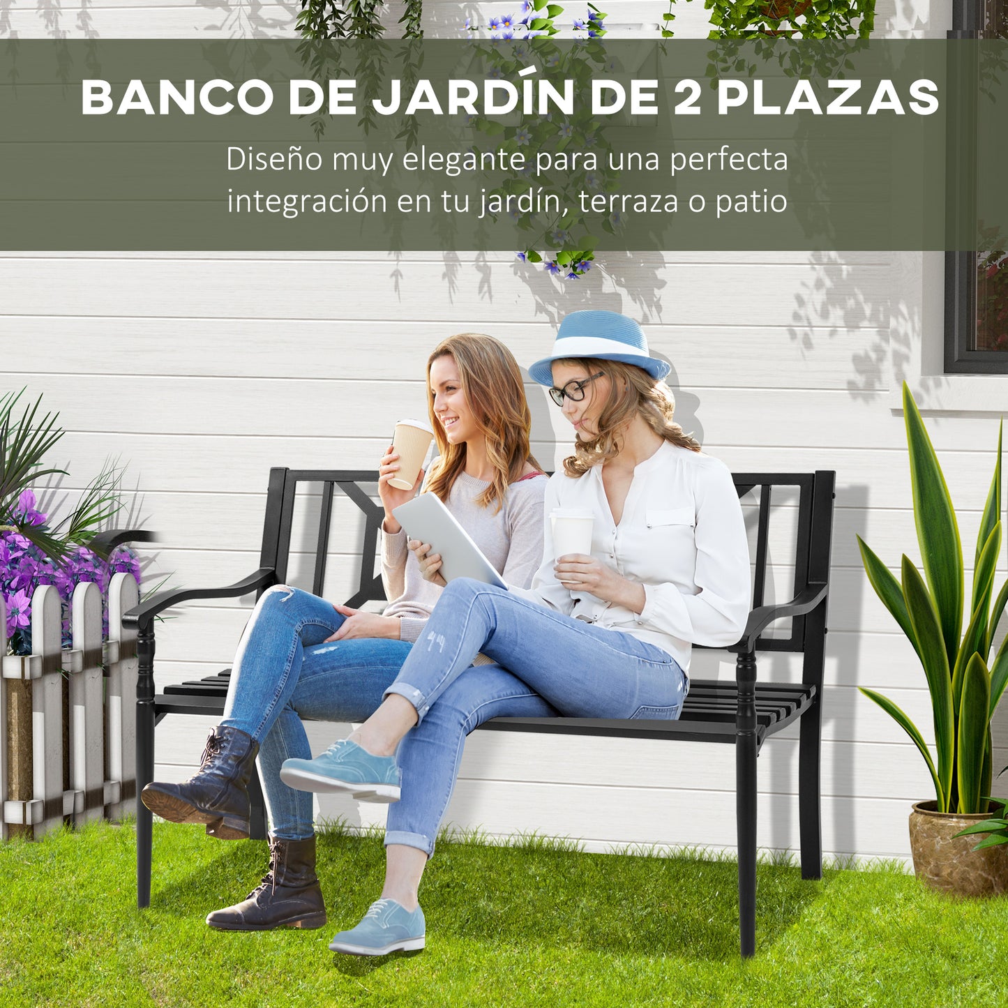 Outsunny Banco Jardín 2 Plazas Acero Con Reposabrazos Para Terraza Carga 240 Kg_3