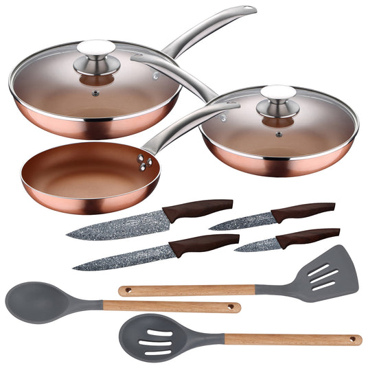 Set 5pc Sartenes (con Tapa) Aluminio Prensado Inducción Con Set 3pc Utensilios De Cocina Silicona Madera Con Set 4pc Cuchillos Acero Inoxidable_0