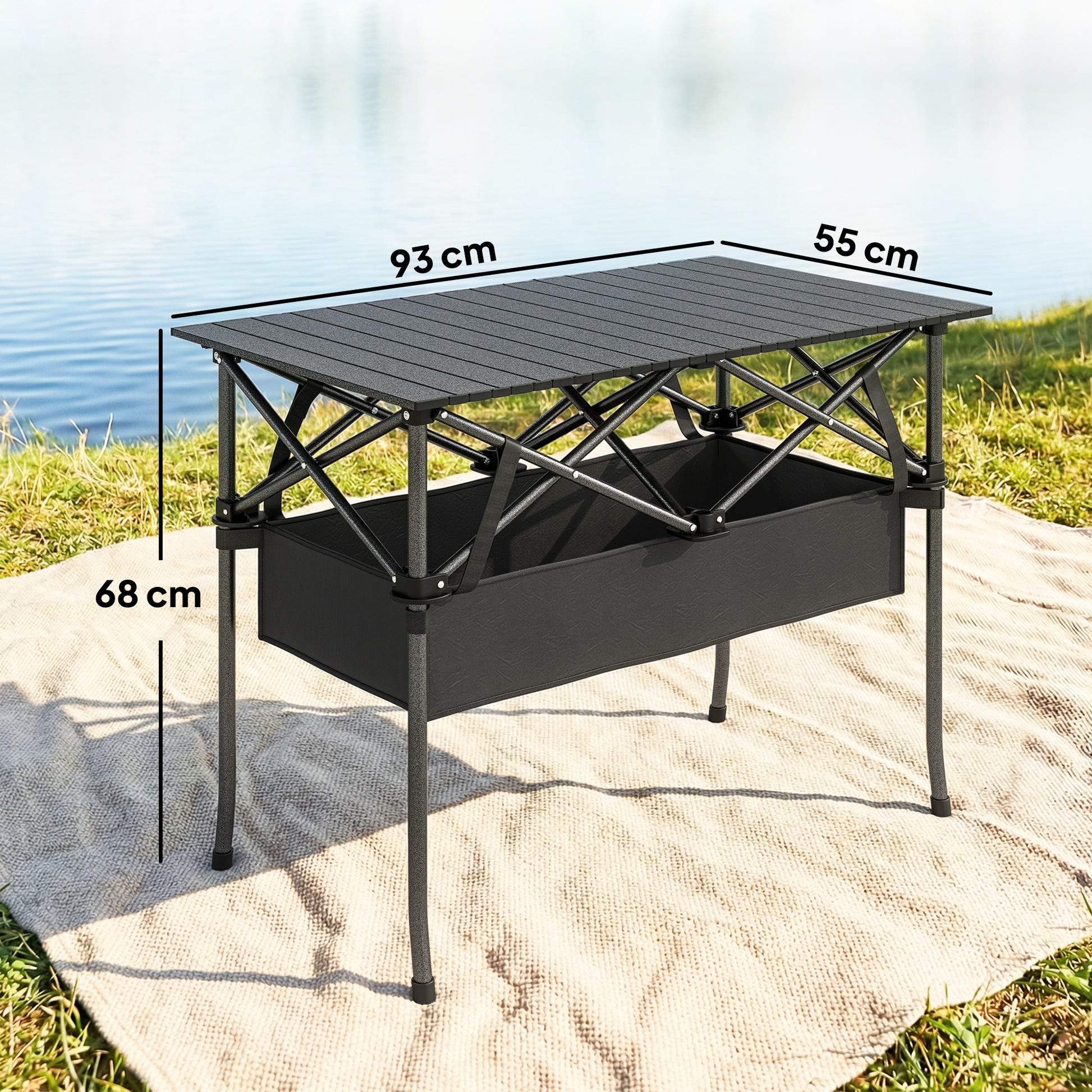 Outsunny Mesa Plegable Camping 93x55x68 Cm Con Red De Almacenamiento Negro_2