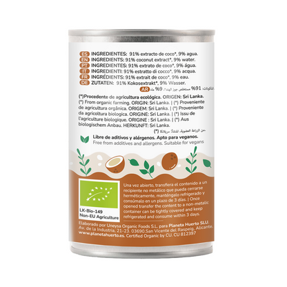 Crema de coco concentrada 91% para cocinar ECO Planeta Huerto 400 ml
