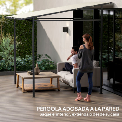 Outsunny Pérgola De Pared 2,4x2,4 M Con Techo Inclinado Protección Uv 30+ Crema_5