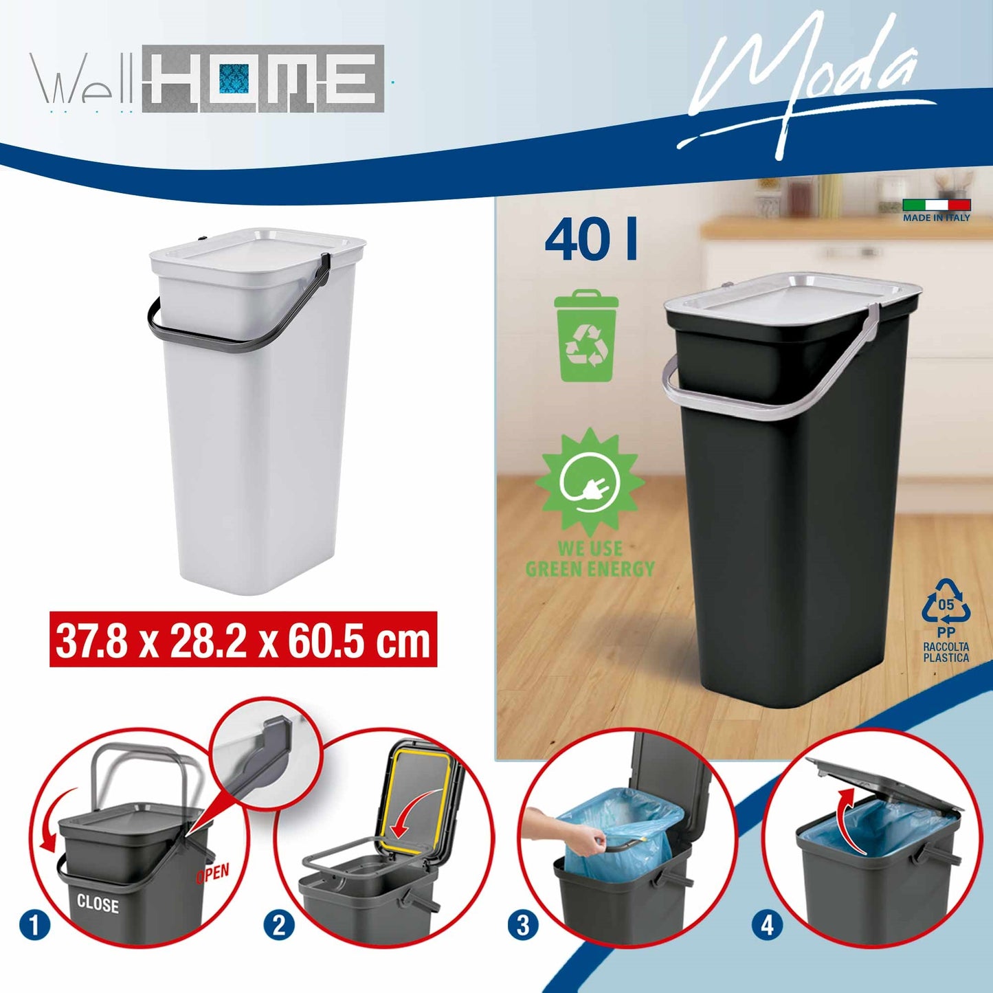 Set De 3 Papeleras moda Con Asa Grafito, Salvia Y Blanco De 40l_2
