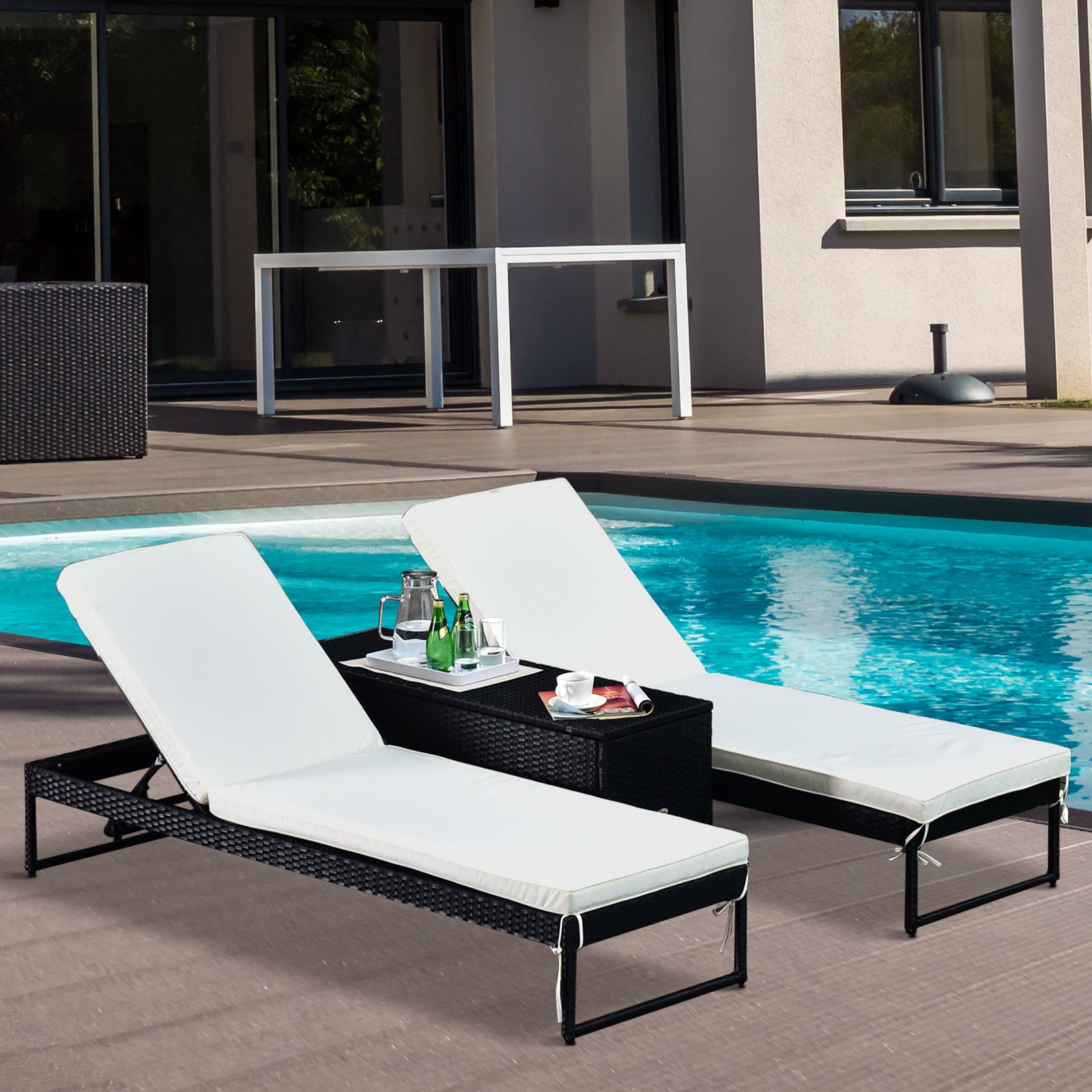 Outsunny Conjunto De 2 Tumbonas De Terraza Con Mesa Ratán 195x60x86 Cm Negro_1