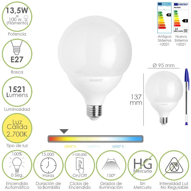 Bombilla Led Esfera Globo E27. 13,5 Watt. Equivale A 100 Watt. 1521 Lumenes. Luz Calida 3000º K._0
