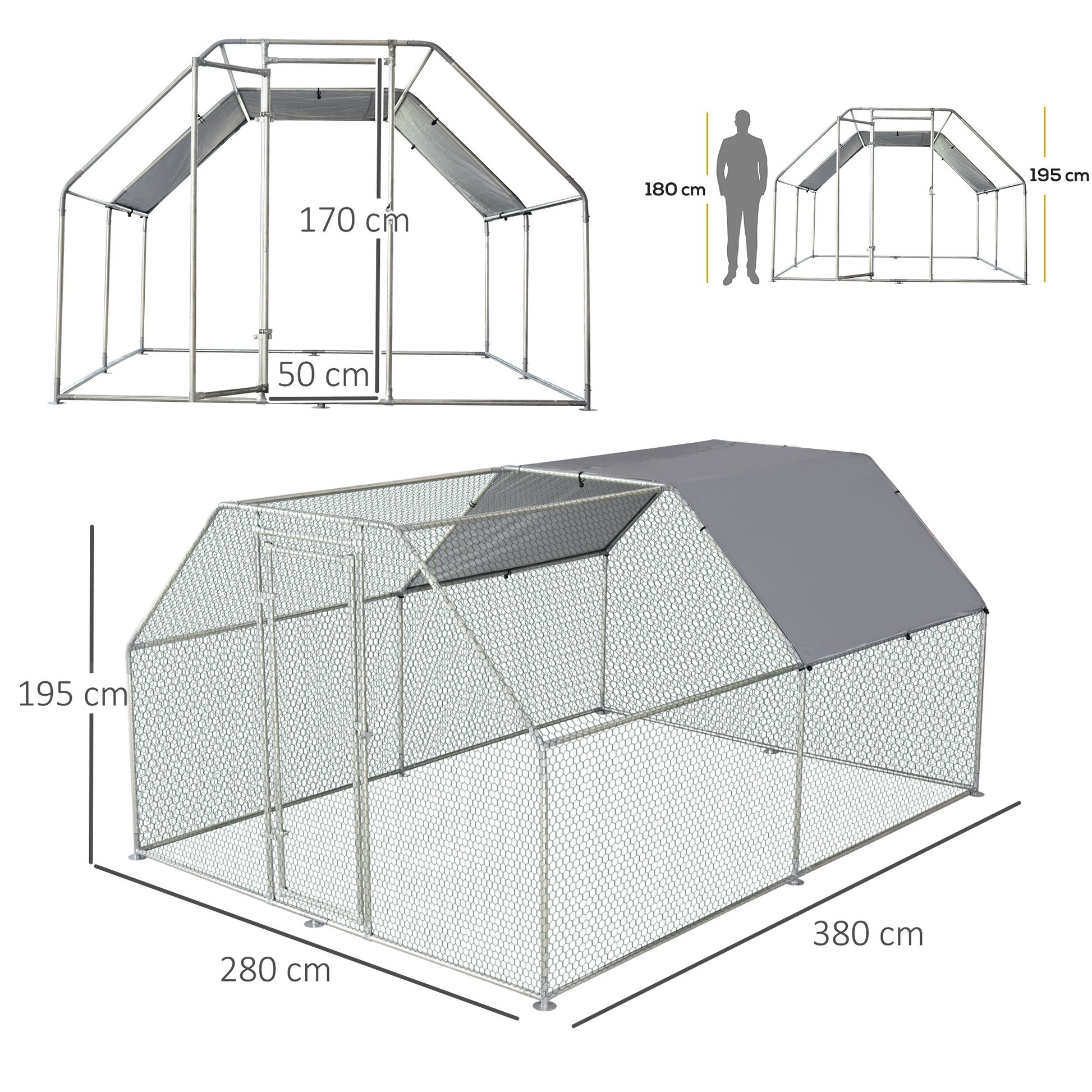 Pawhut Gallinero De Exterior 2,8x3,8x1,95m Estructura De Metal Galvanizado Tela_2