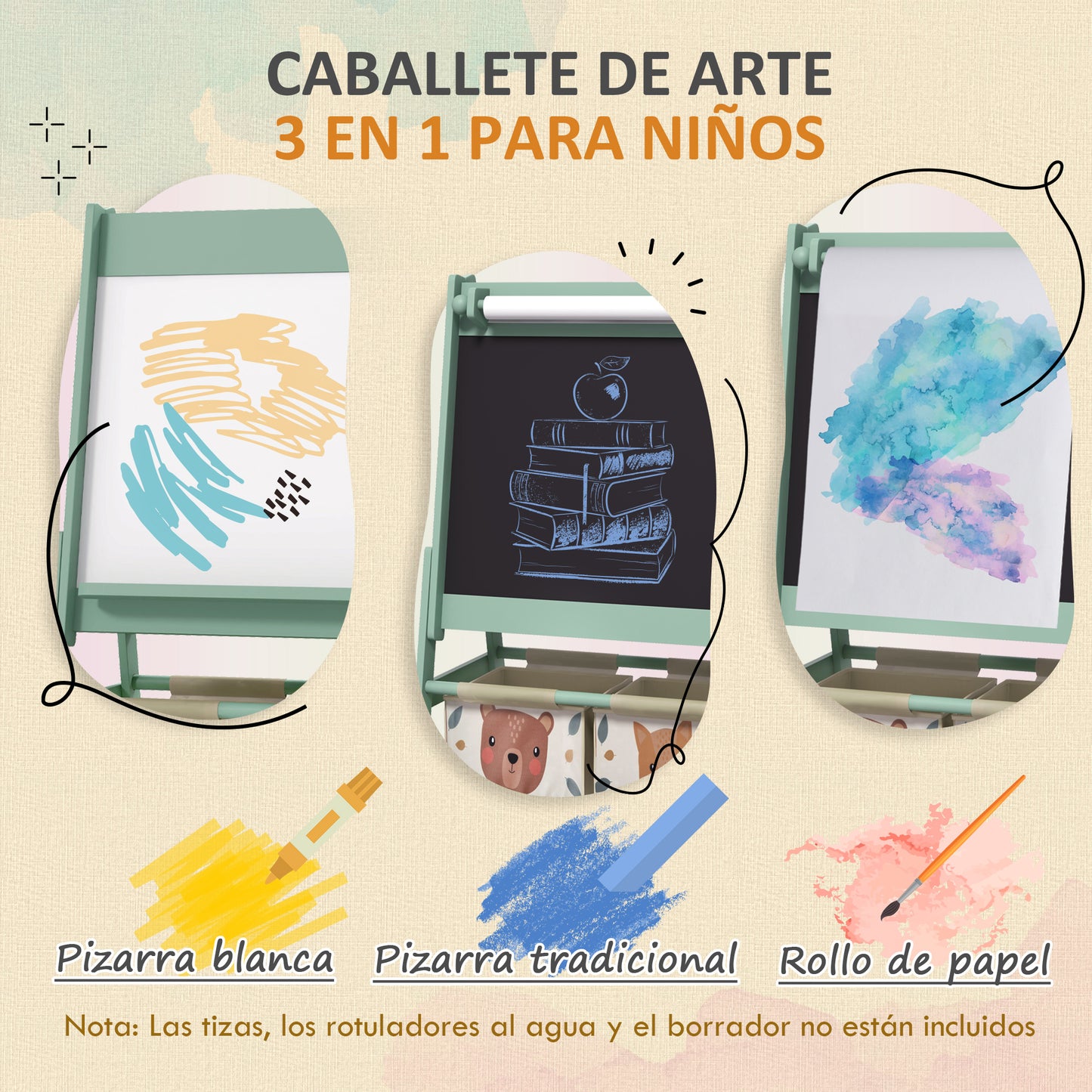 Aiyaplay Caballete Para Niños 3 En 1 Doble Cara Rollo Papel 54x46,5x93 Cm Verde_3