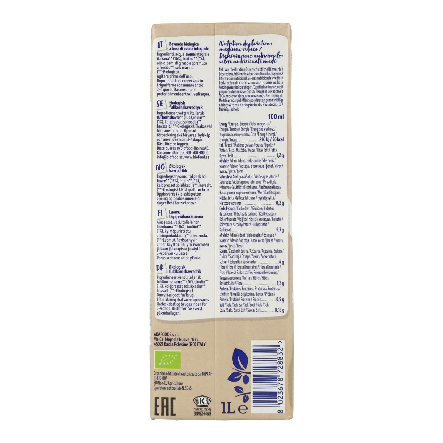 Pack 6 uds Bebida de Avena Barista BIO Isola Bio, 1L