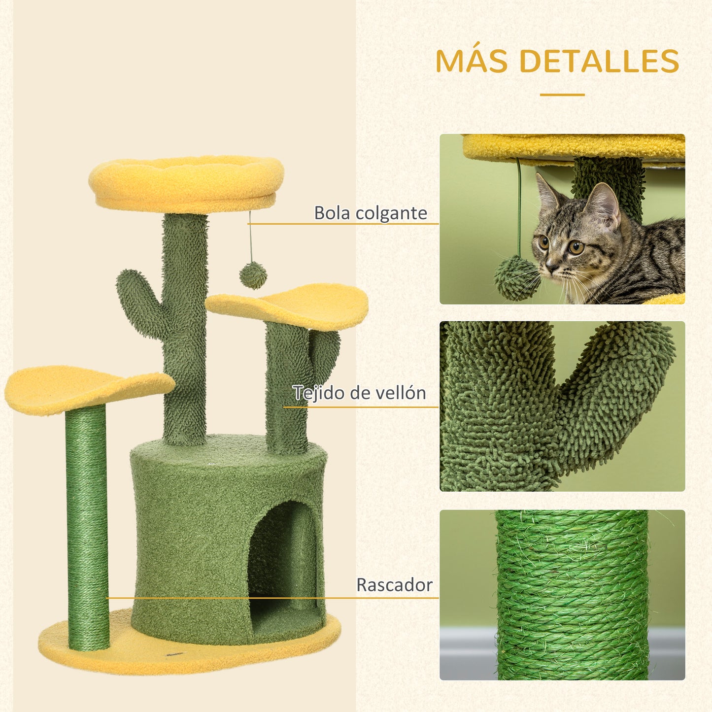 Pawhut Árbol Rascador Para Gatos En Forma De Cactus Altura 83 Cm Con Cama Caseta_5