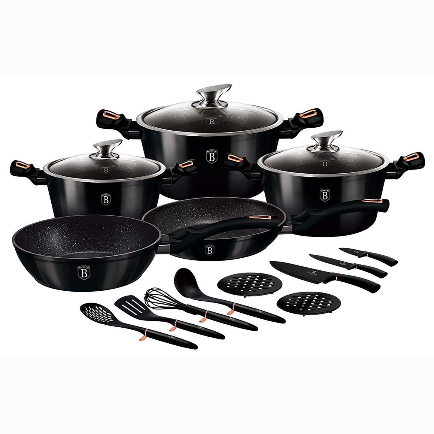 Batería Cocina Inducción 17 Piezas, Antiadherente Mármol Sin Pfoa, Aluminio, Cazuelas Sartenes Berlinger Haus Shyny Black Negro_0