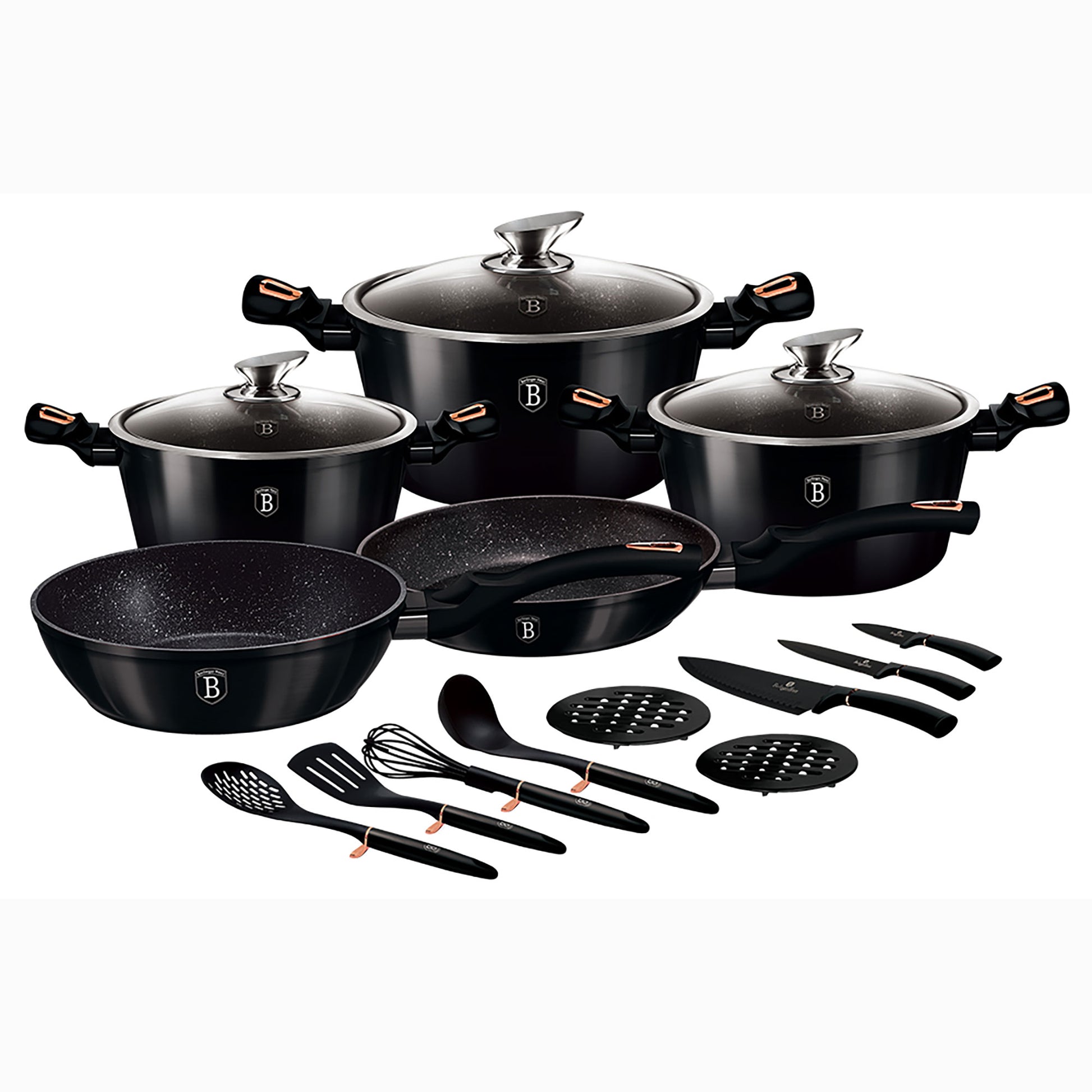 Batería Cocina Inducción 17 Piezas, Antiadherente Mármol Sin Pfoa, Aluminio, Cazuelas Sartenes Berlinger Haus Shyny Black Negro_0