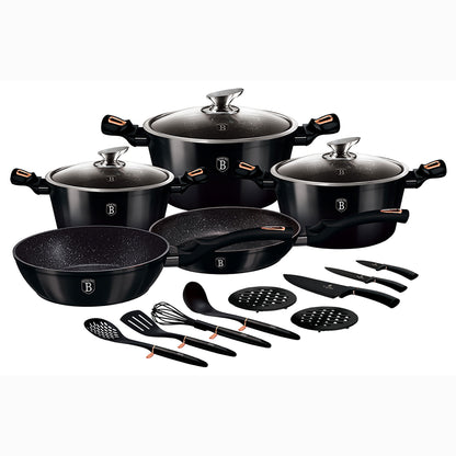 Batería Cocina Inducción 17 Piezas, Antiadherente Mármol Sin Pfoa, Aluminio, Cazuelas Sartenes Berlinger Haus Shyny Black Negro_0