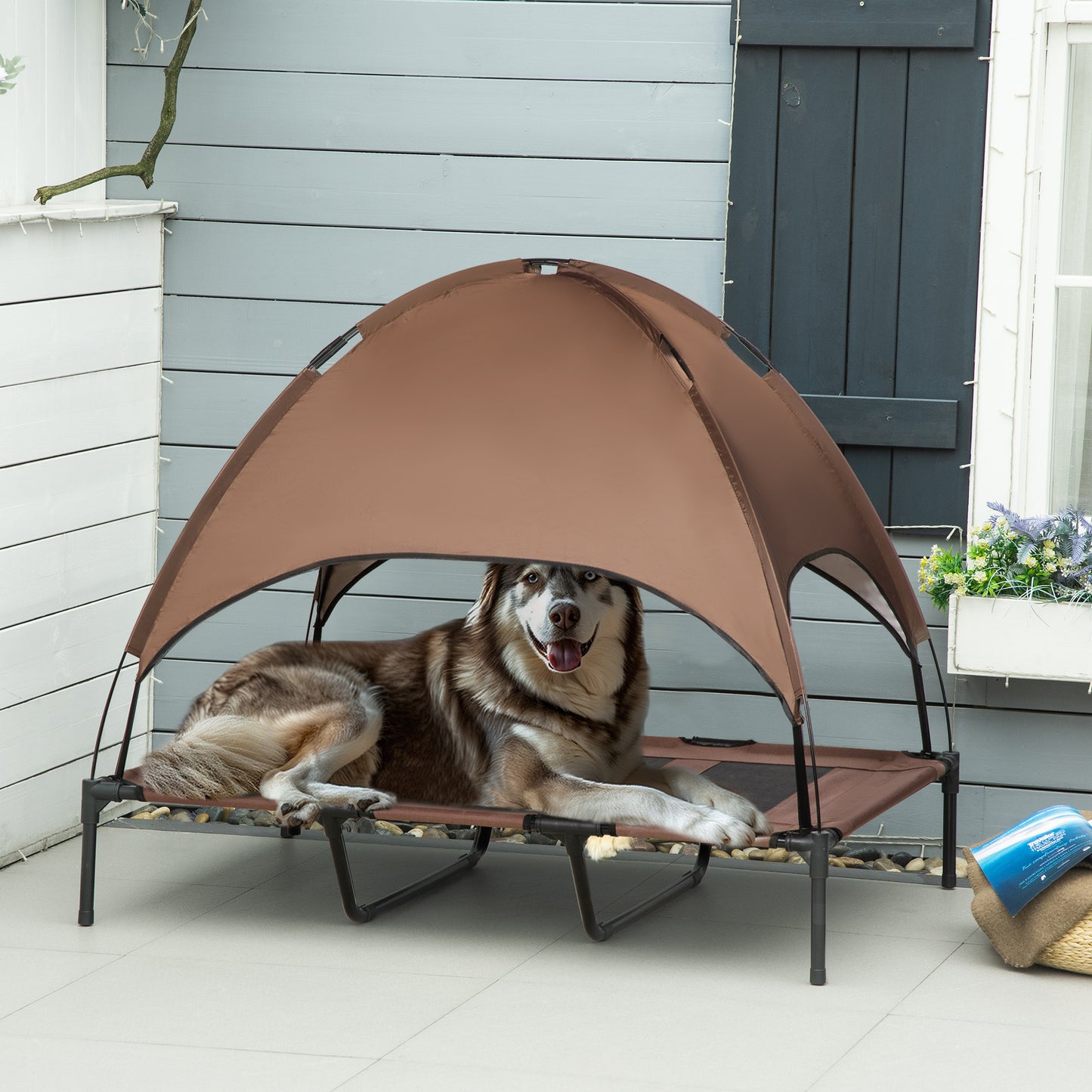 Pawhut Cama Elevada Para Mascotas Portátil Con Toldo Extraíble Exterior_1