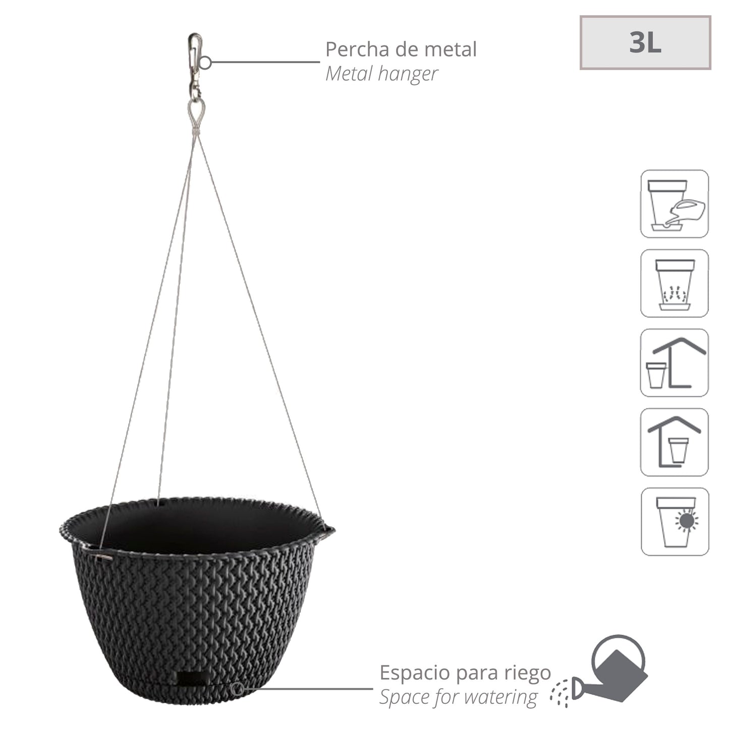 2x Maceta Redonda Colgante 3l Prosperplast Splofy De Plastico En Color Antracita, Ø23 X 14,5 Cm_1