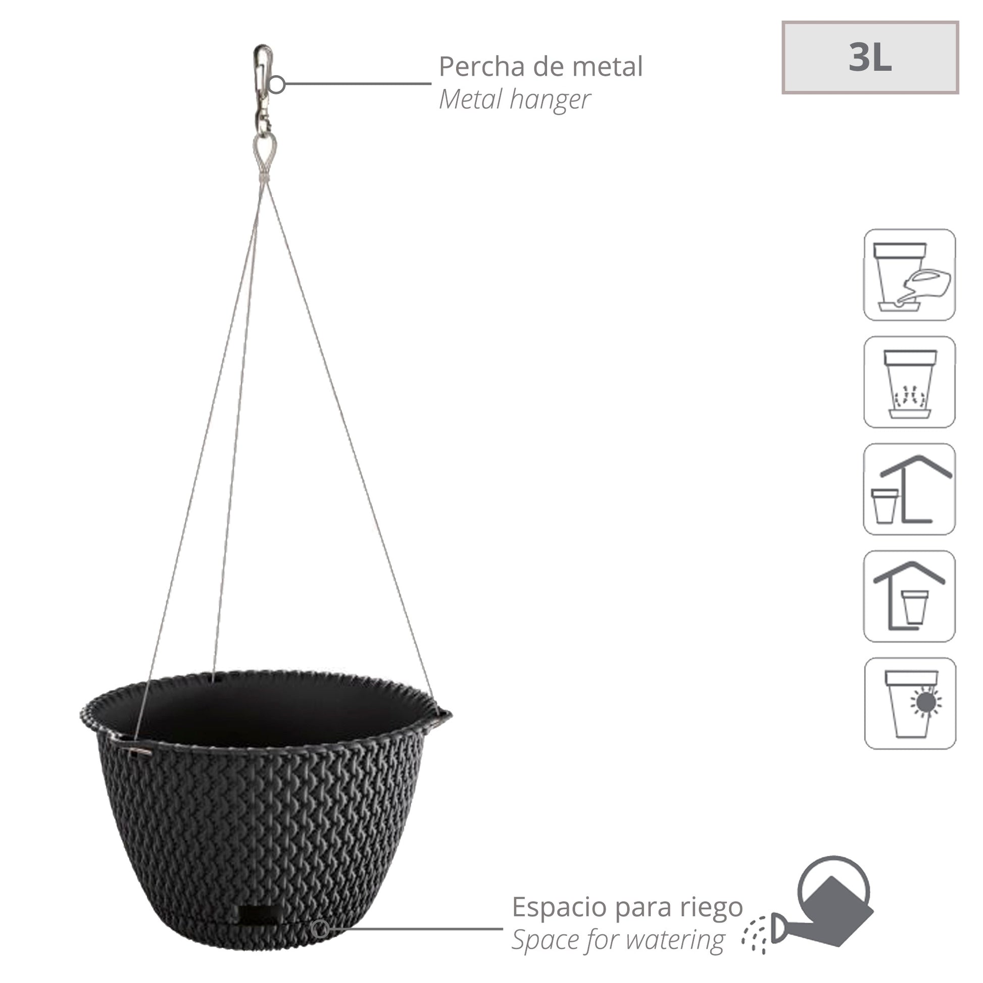 Maceta Redonda Colgante 3l Prosperplast Splofy De Plastico En Color Antracita, Ø23 X 14,5 Cm_1