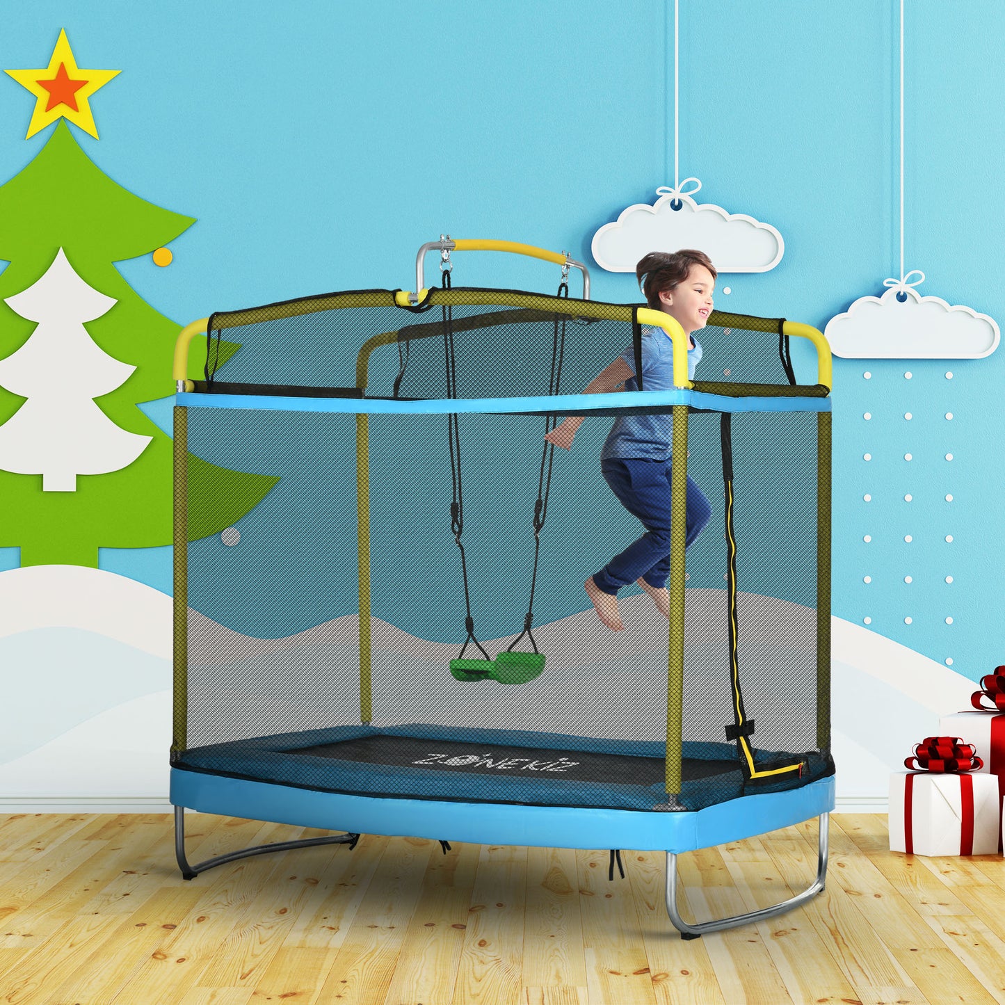 Zonekiz Trampolín Para Niños Con Red De Seguridad 178x118x210 Cm Azul Claro_1