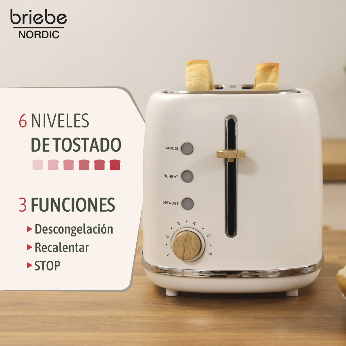 Briebe Nordic Tostadora Pan Ranura Ancha, Tostador 2 Rebanadas, 6 Niveles Tostado, Calientapanecillos, Ta1166wht, Blanco_2