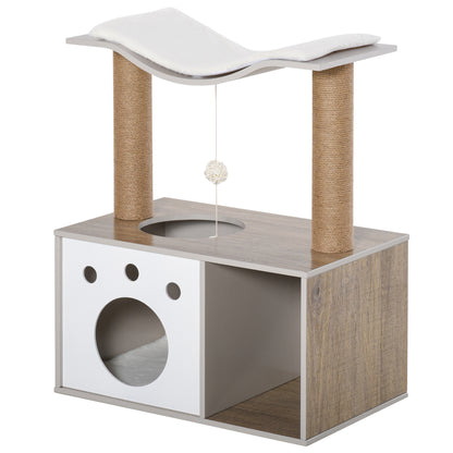 Pawhut Árbol Para Gatos Altura 74cm Con Caseta Madera Poste Bola Colgante Caja_0