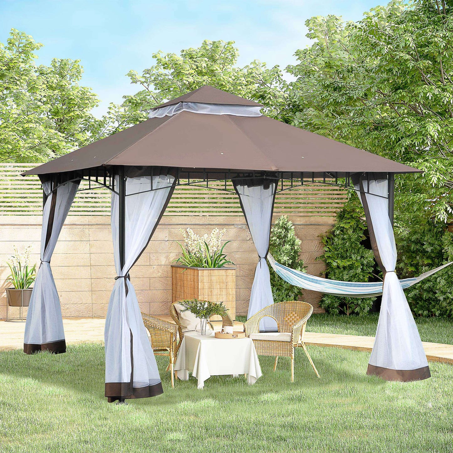 Outsunny Carpa Jardín Terraza 3x3m Cenador Con Mosquitera Gazebo Color Café_1