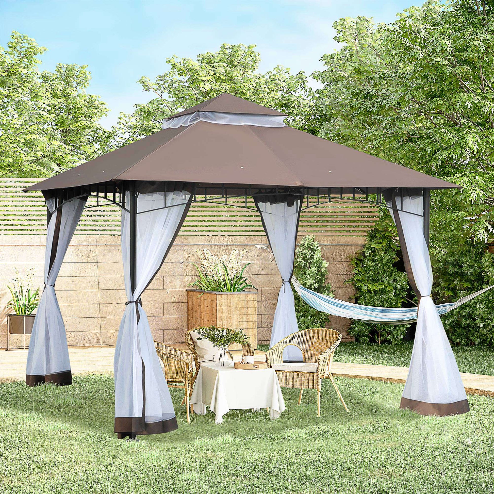 Outsunny Carpa Jardín Terraza 3x3m Cenador Con Mosquitera Gazebo Color Café_1
