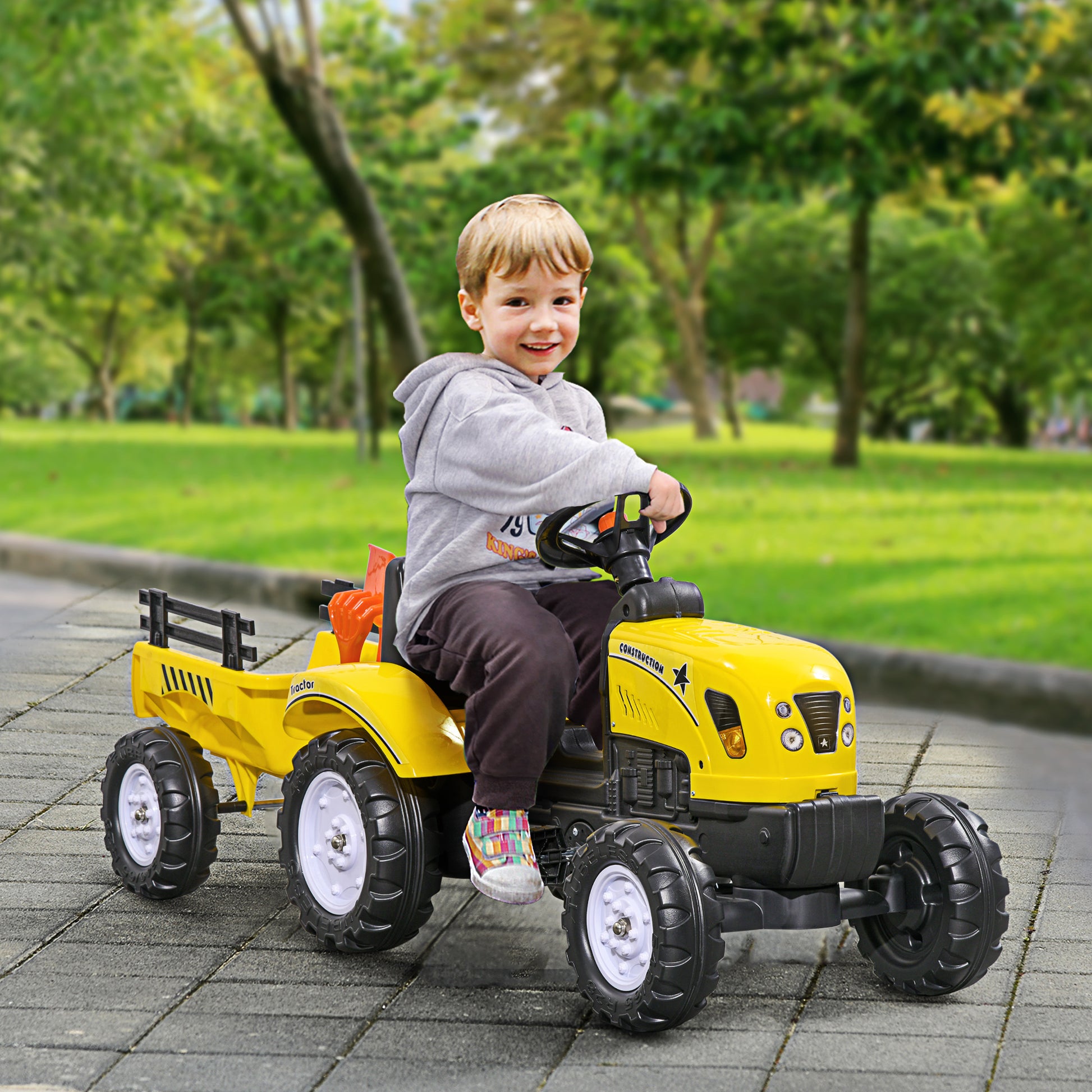 Homcom Tractor A Pedales Para Niños De 3 Años Con Remolque 133x42x51 Cm Amarillo_1