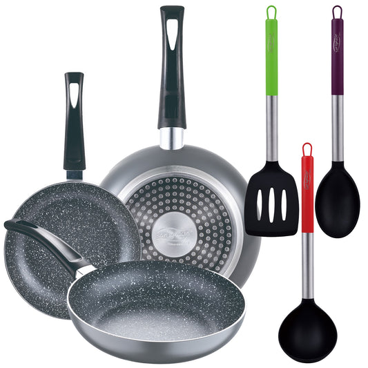 Set 3pc Sarten (16+20+24cm) Aluminio Prensado, Inducción, Negra Soul Marble Con Set 3pc Utensilios De Cocina Nylon_0