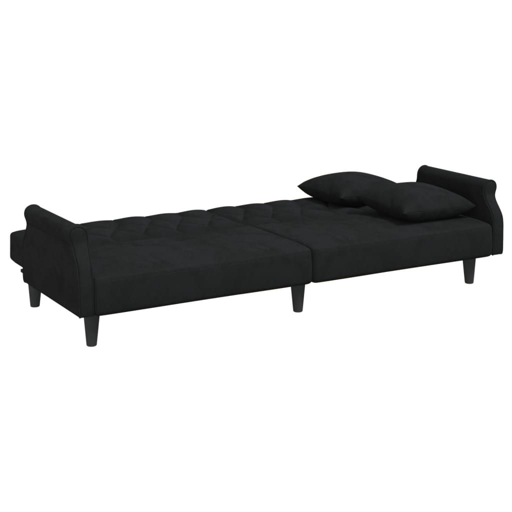 Sofá Cama De 2 Plazas Con Almohadas Y Taburete Terciopelo Negro / Vetonek_2