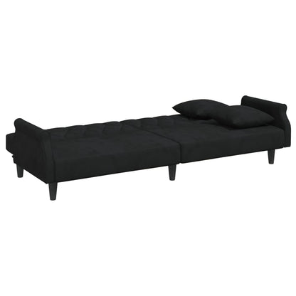Sofá Cama De 2 Plazas Con Almohadas Y Taburete Terciopelo Negro / Vetonek_2