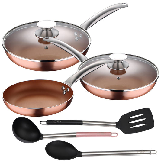 Set 5pc Sartenes (con Tapa) Aluminio Prensado Inducción Con Set 3pc Utensilios De Cocina Nylon_0
